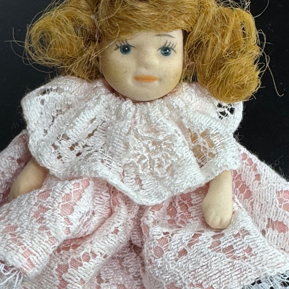 Vintage Miniature Doll‎ Porcelain Face Pink Lace Dress Collectible Display Decor